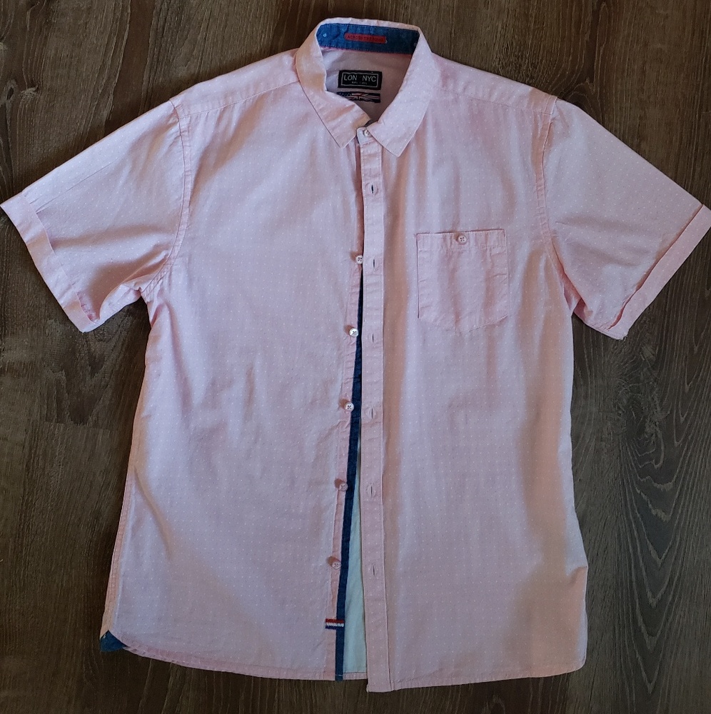 LON NYC Mens Pink/ white dotted Short Sleeve Shirt